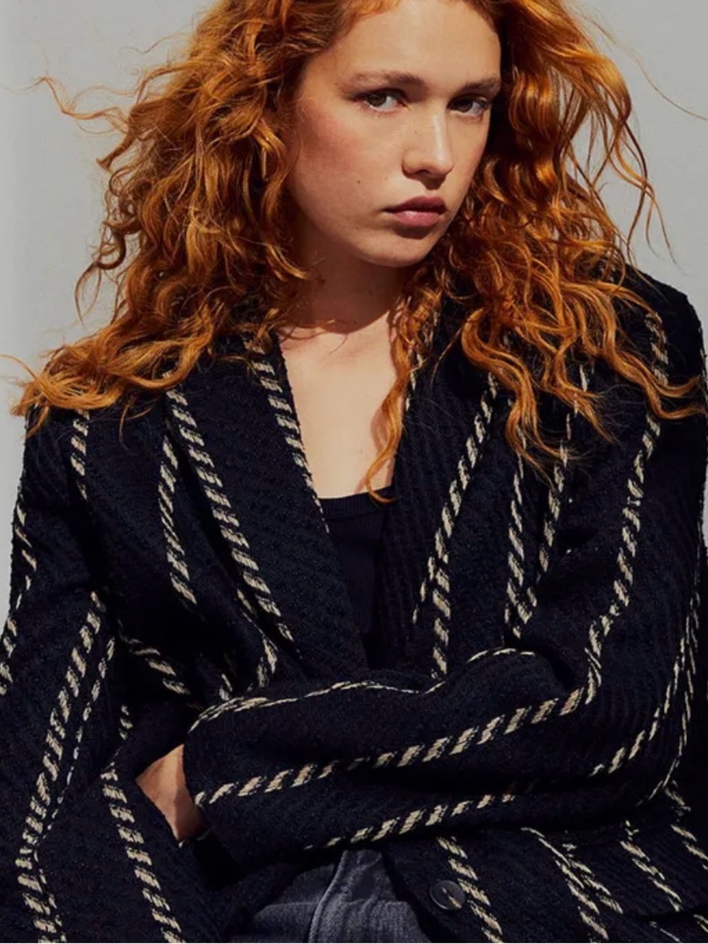 H&M Black and Cream Striped Women's Blazer Jacket